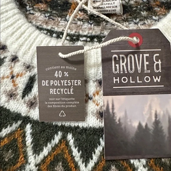 GROVE & HOLLOW Fair Isle Ivory Green Tan Navy Orange Crew Wool Blend Sweater
